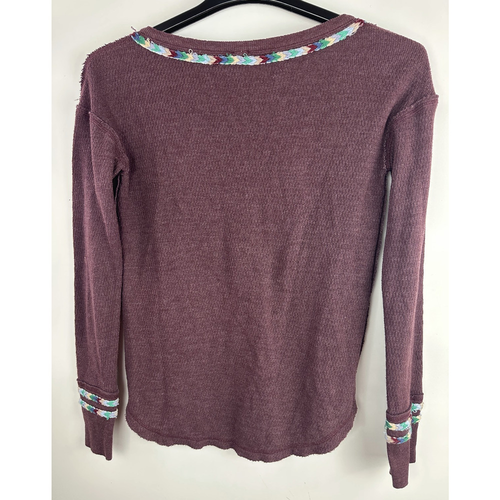 We The Free People Rainbow Trim Henley Thermal Top Small Boho Embroidered Wine - Picture 9 of 13